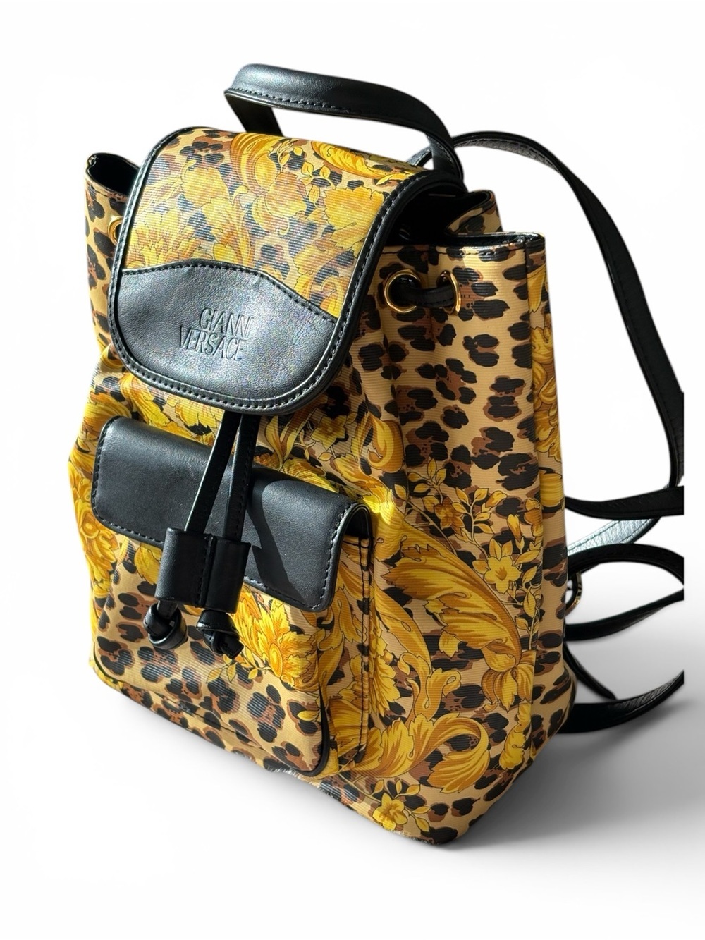 Vintage Gianni Versace  Baroque&Leopard-Print Leather Drawstring Backpack